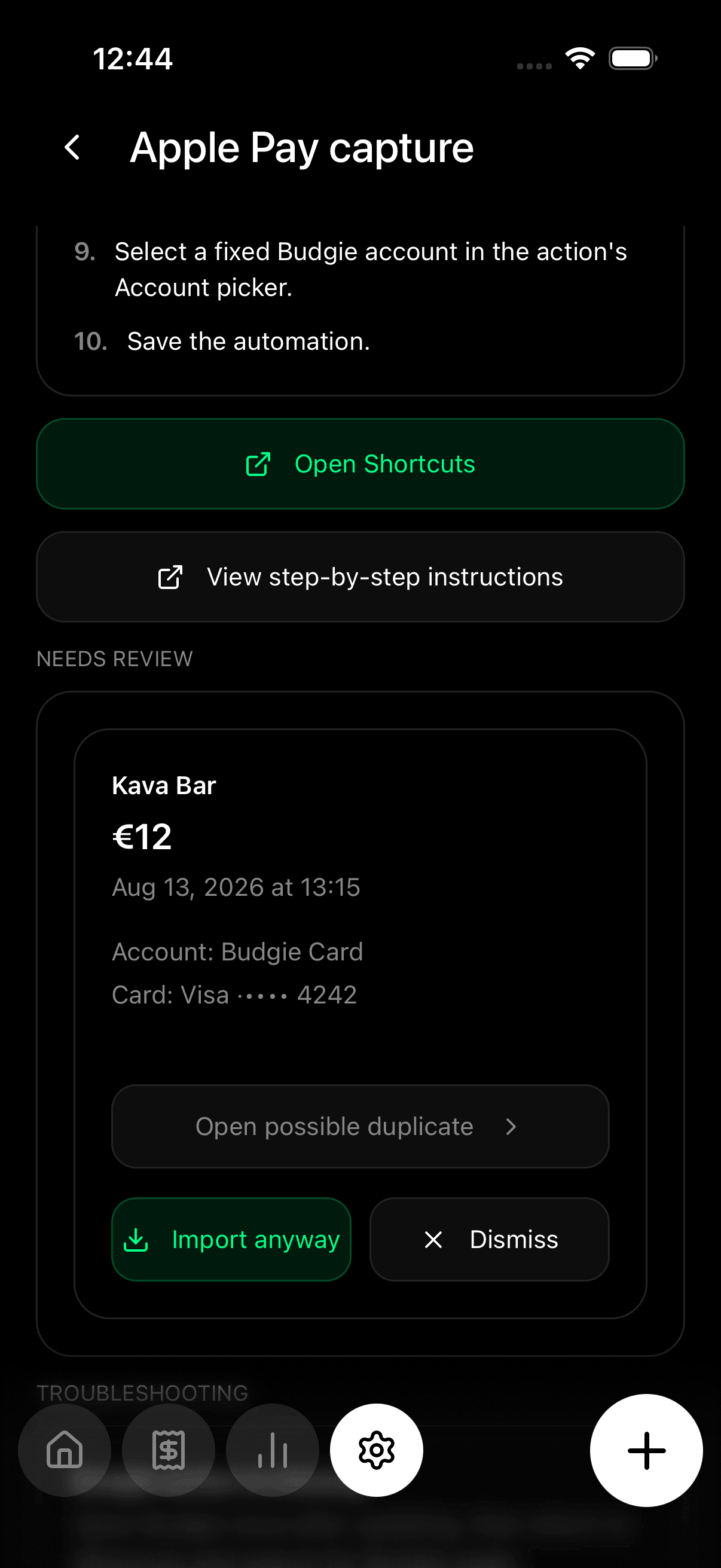 Budgie Apple Pay capture review screen