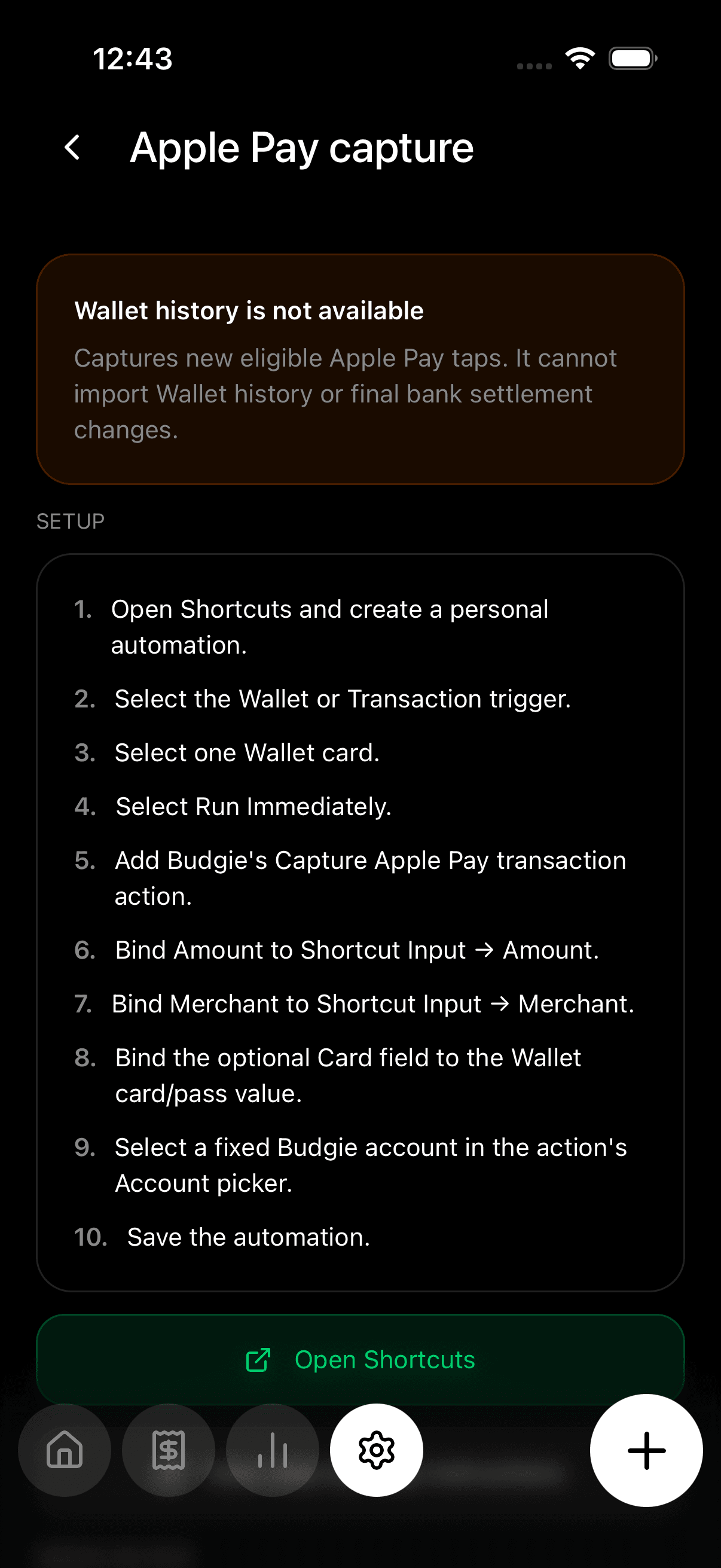 Budgie Apple Pay capture setup screen