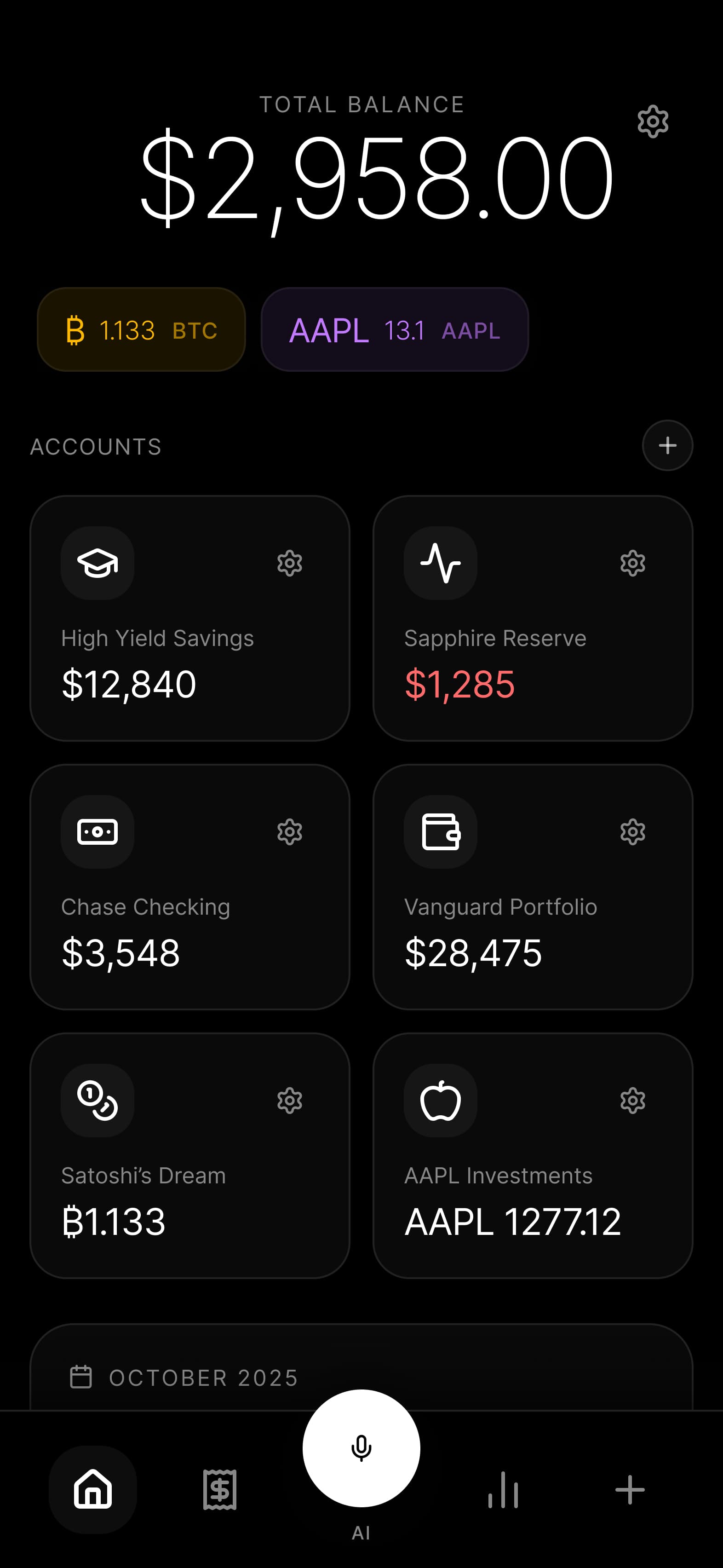 Інтерфейс мобільного додатку Budgie з оглядом балансу та мультивалютними банківськими рахунками, включаючи картки Monobank та різні типи рахунків