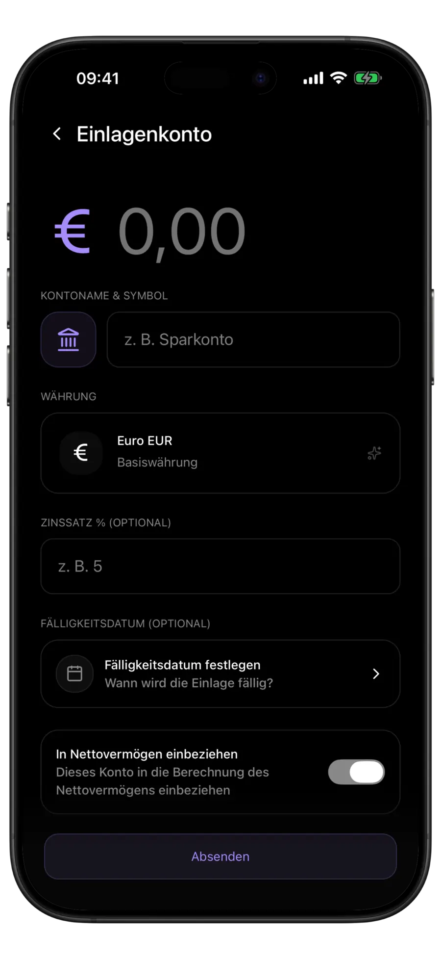Budgie-Formular für ein neues Festgeldkonto mit Feldern für Währung, Zinssatz und Fälligkeitsdatum