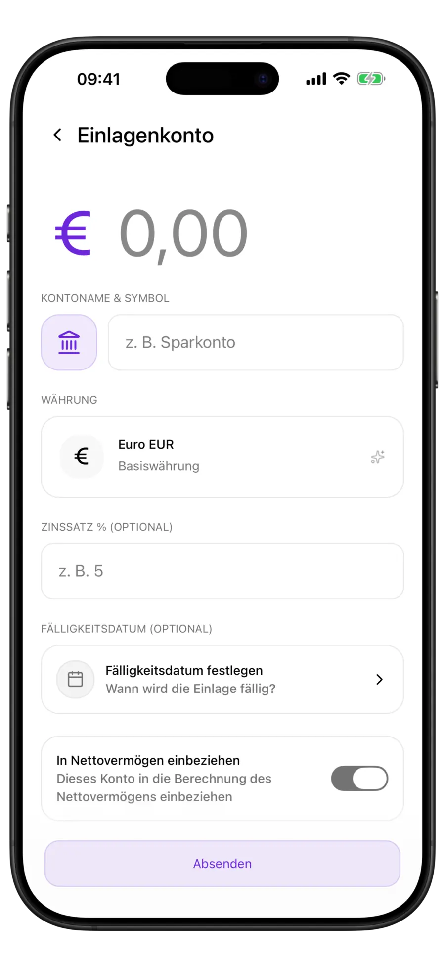 Budgie-Formular für ein neues Festgeldkonto mit Feldern für Währung, Zinssatz und Fälligkeitsdatum