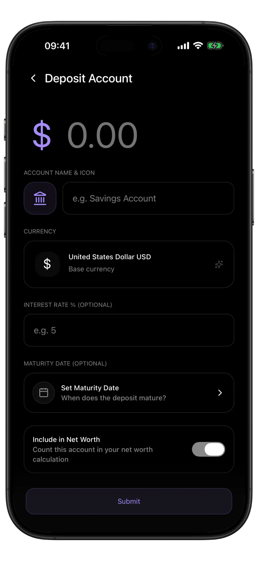 Budgie new deposit account form with currency, interest rate and maturity date fields