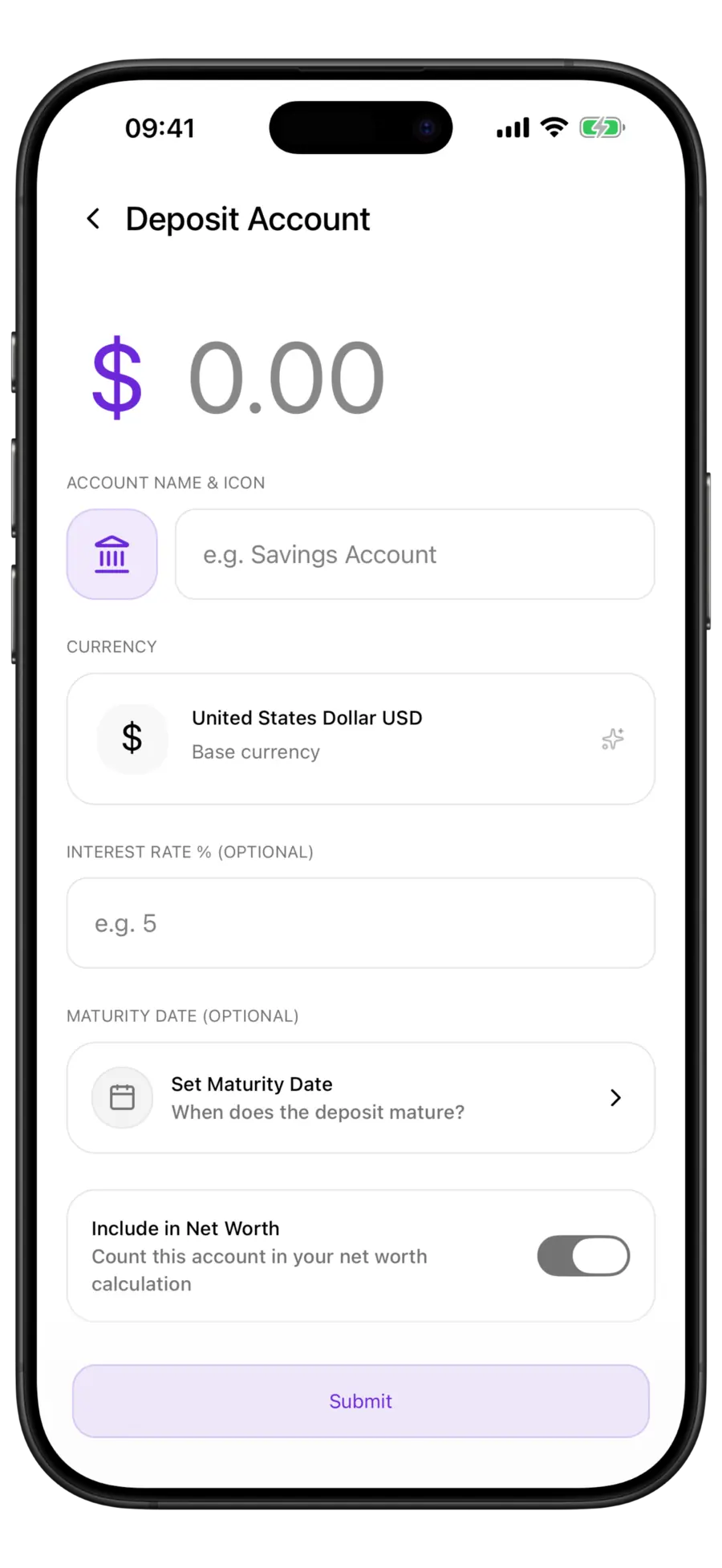 Budgie new deposit account form with currency, interest rate and maturity date fields