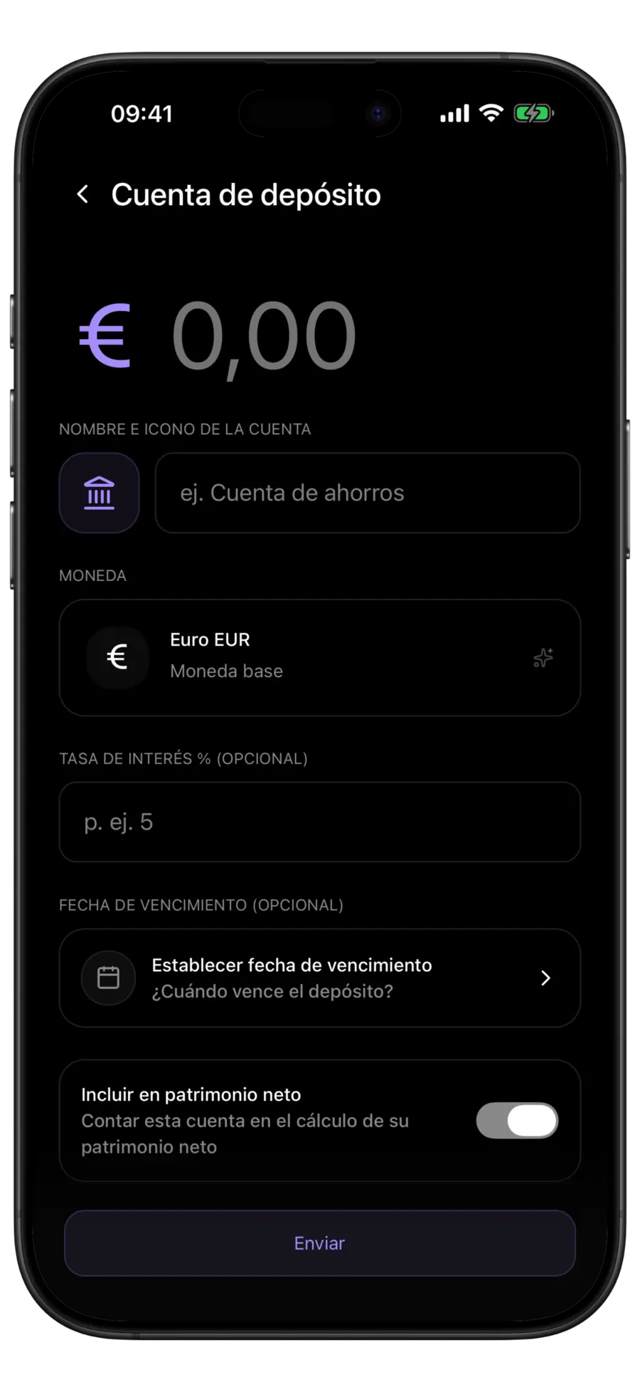 Formulario de nueva cuenta de depósito de Budgie con campos de moneda, tipo de interés y fecha de vencimiento