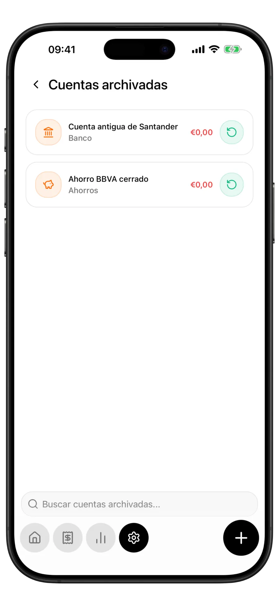 Pantalla de cuentas archivadas de Budgie con dos cuentas archivadas, cada una con un botón de restaurar