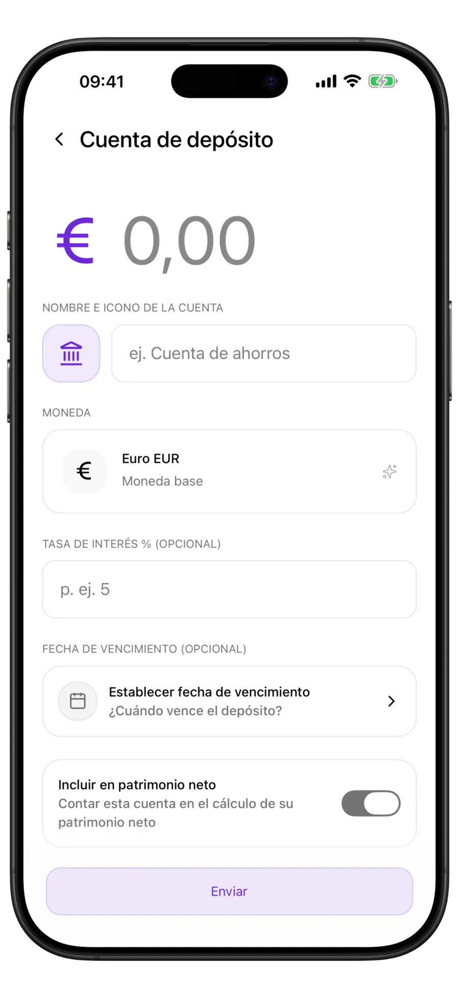 Formulario de nueva cuenta de depósito de Budgie con campos de moneda, tipo de interés y fecha de vencimiento