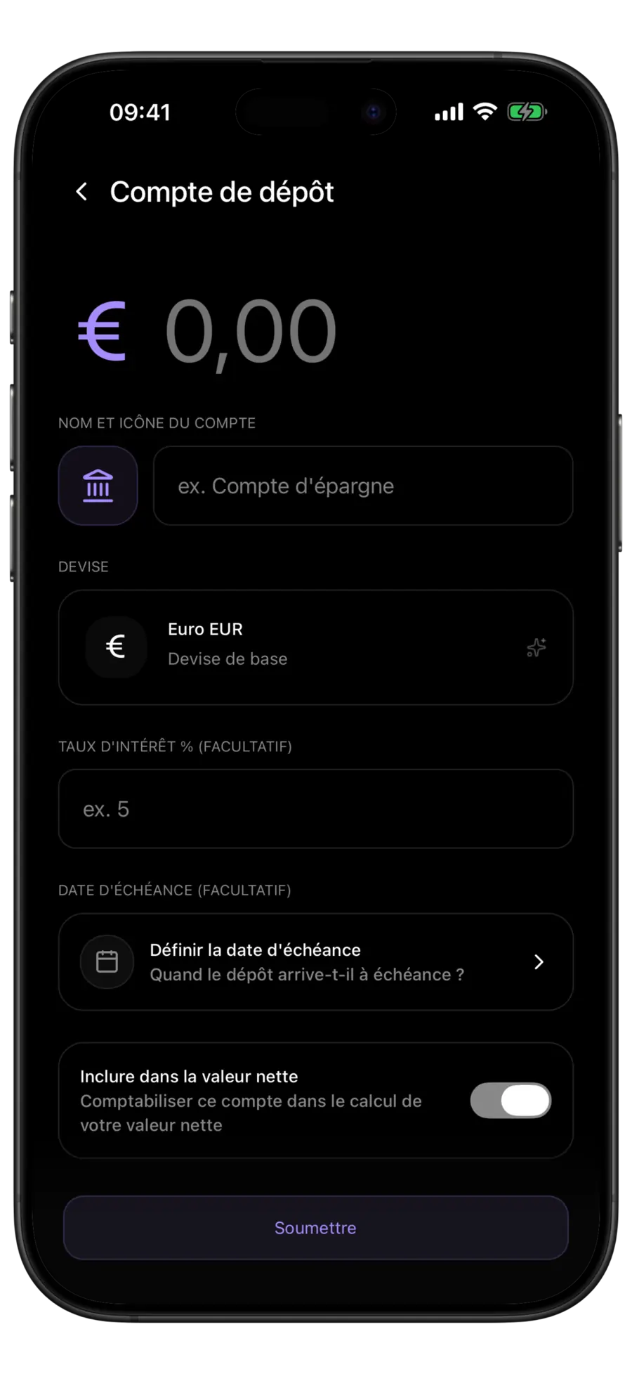 Formulaire de nouveau compte de dépôt Budgie avec les champs devise, taux d'intérêt et date d'échéance