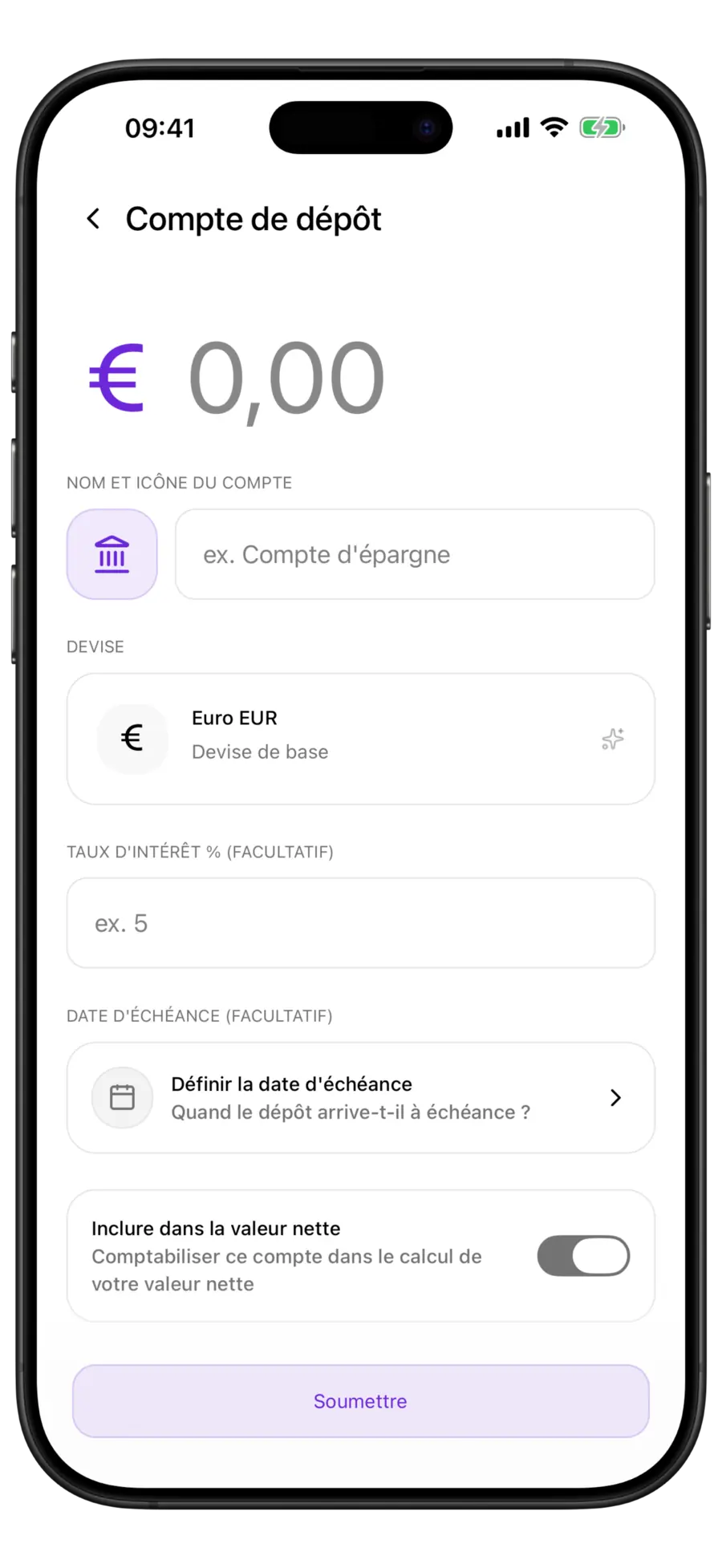 Formulaire de nouveau compte de dépôt Budgie avec les champs devise, taux d'intérêt et date d'échéance