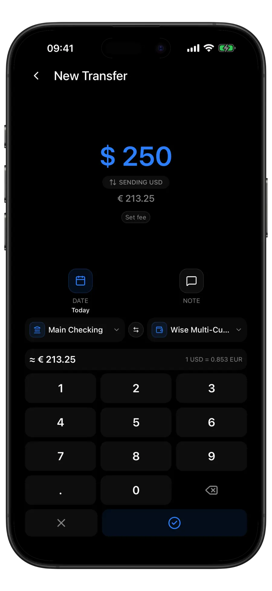 Budgie New Transfer screen converting 250 US dollars into euros, with the sending-currency pill and the conversion rate row