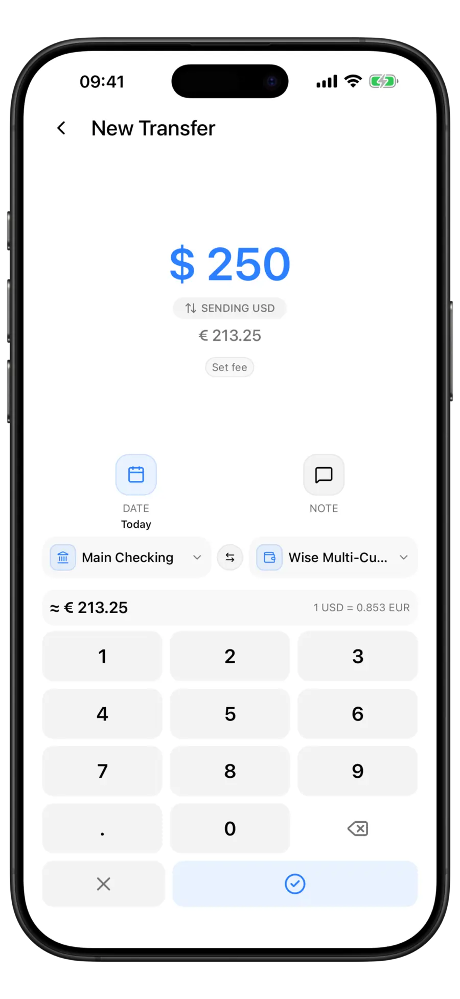 Budgie New Transfer screen converting 250 US dollars into euros, with the sending-currency pill and the conversion rate row