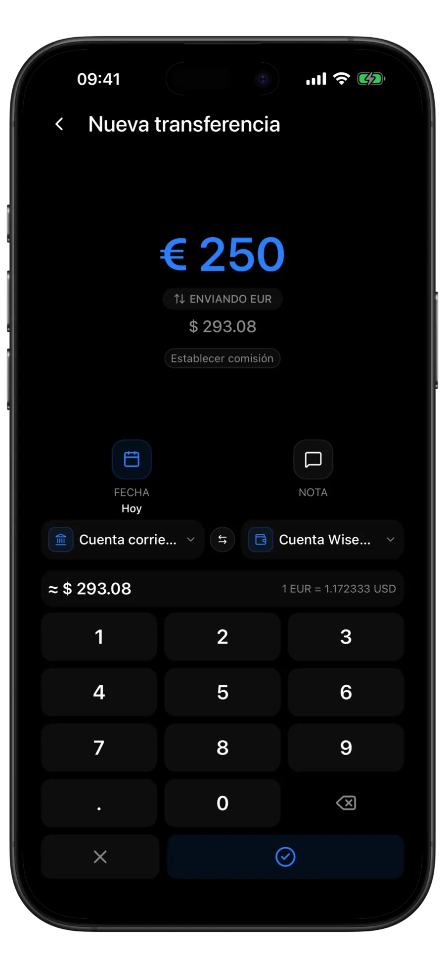 Pantalla Nueva transferencia de Budgie convirtiendo 250 dólares estadounidenses a euros, con la píldora de moneda de envío y la fila del tipo de cambio