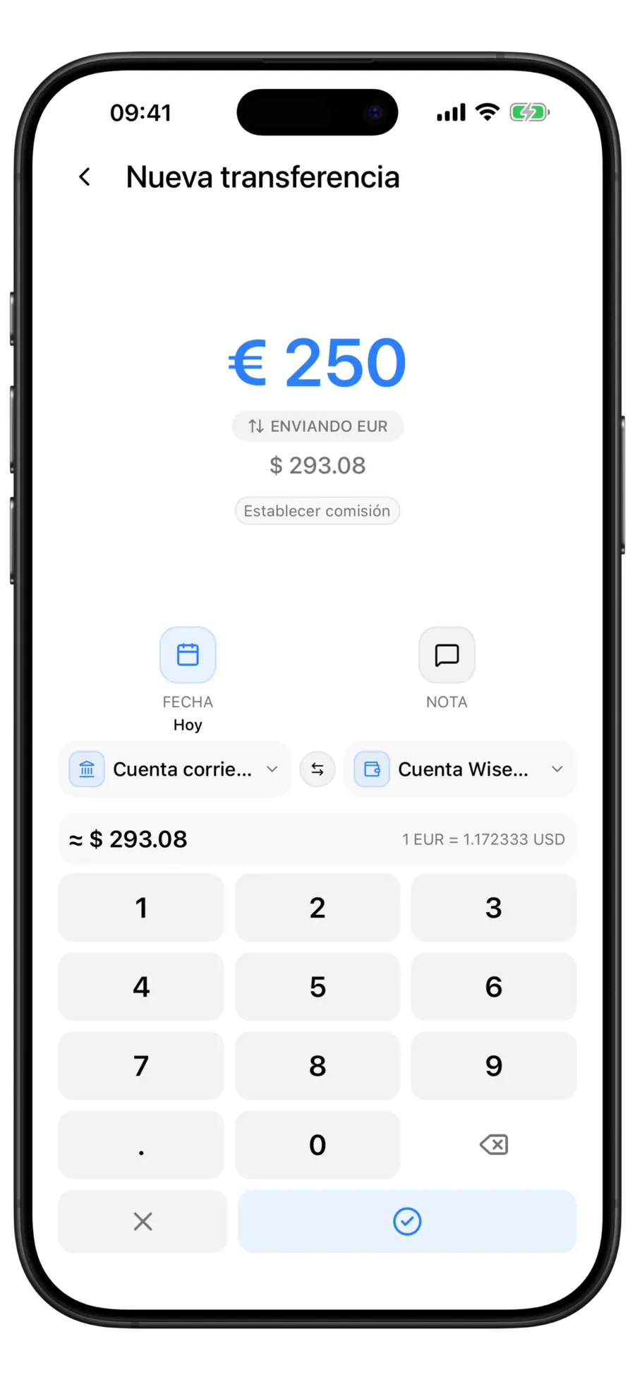 Pantalla Nueva transferencia de Budgie convirtiendo 250 dólares estadounidenses a euros, con la píldora de moneda de envío y la fila del tipo de cambio