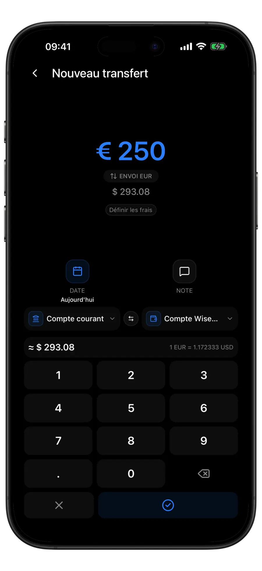Écran Nouveau virement de Budgie convertissant 250 dollars américains en euros, avec la pastille de devise d’envoi et la ligne du taux de conversion