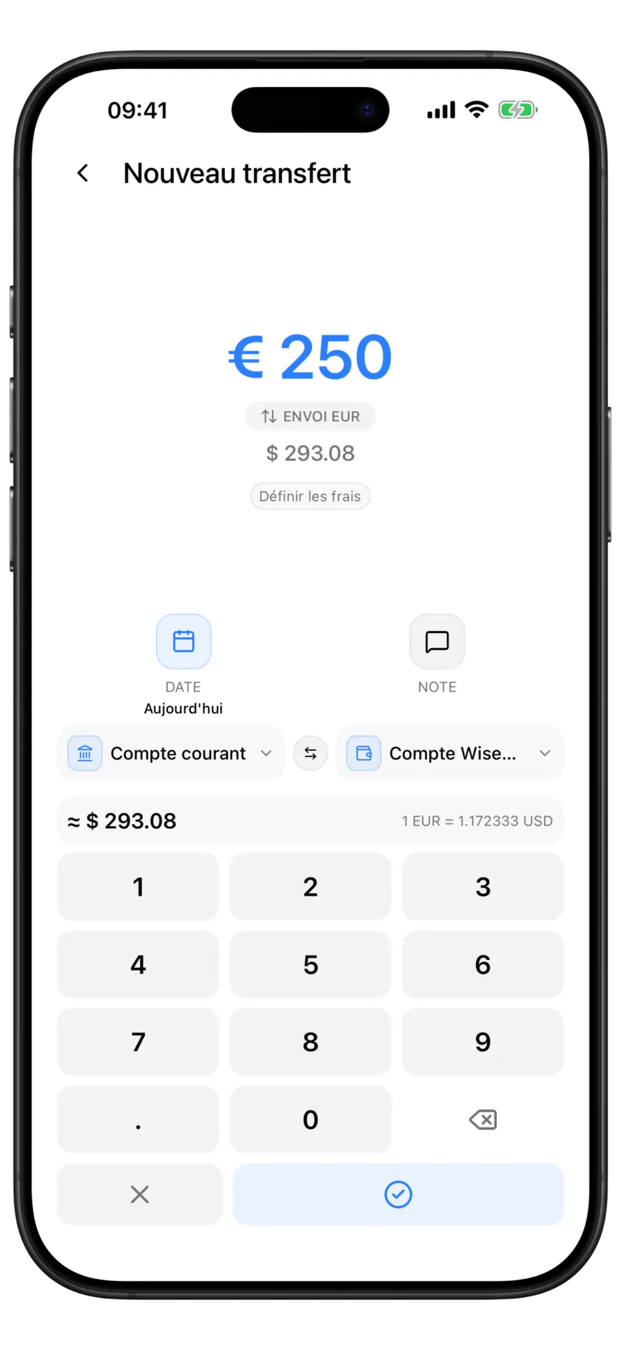 Écran Nouveau virement de Budgie convertissant 250 dollars américains en euros, avec la pastille de devise d’envoi et la ligne du taux de conversion