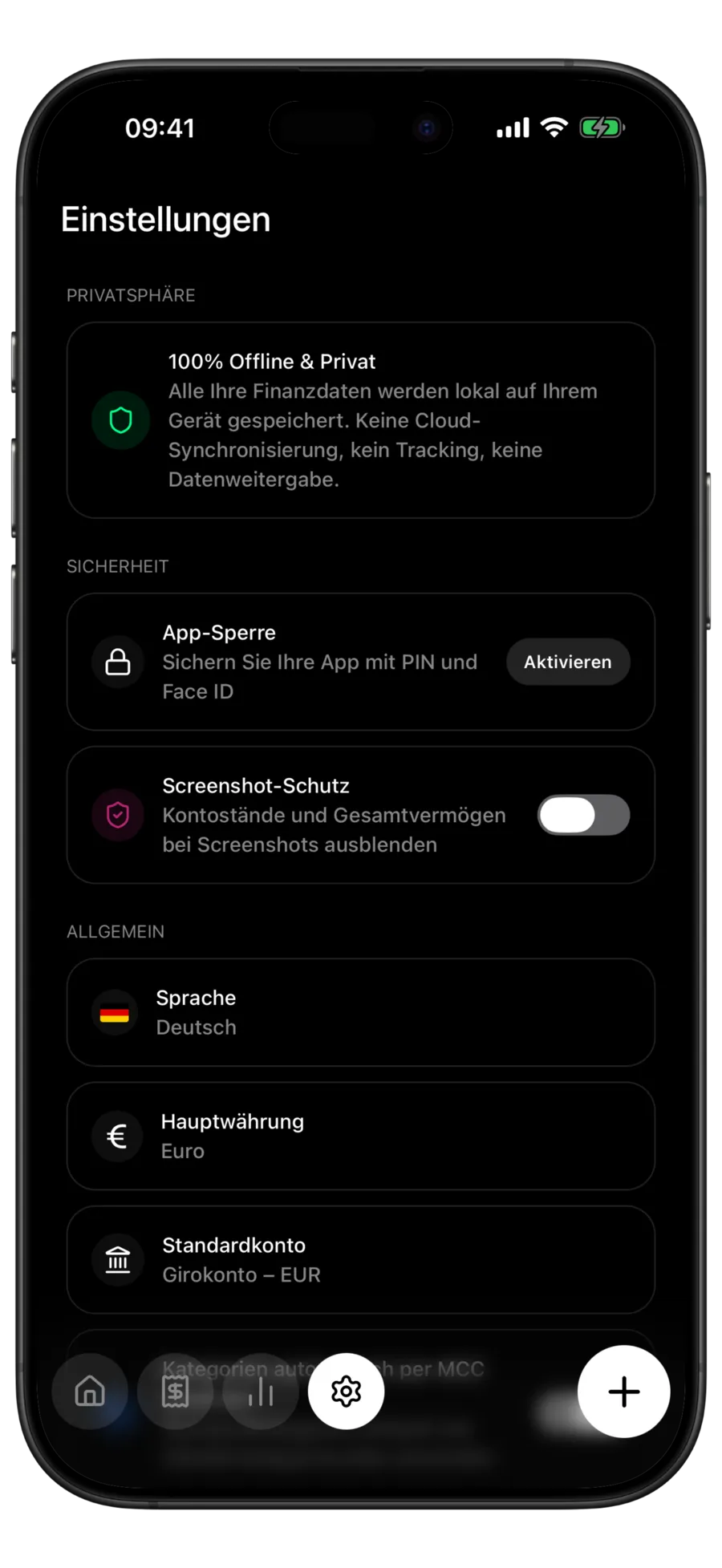 Budgie-Einstellungen mit der Karte 100% Offline & Privat, die sagt, dass alle deine Daten auf dem Gerät gespeichert sind