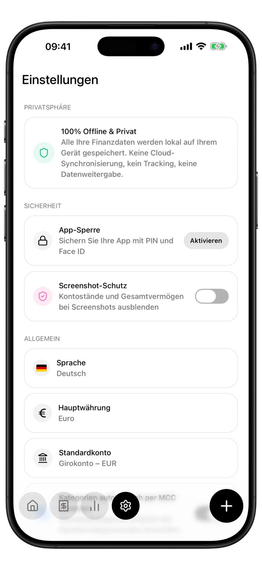 Budgie-Einstellungen mit der Karte 100% Offline & Privat, die sagt, dass alle deine Daten auf dem Gerät gespeichert sind