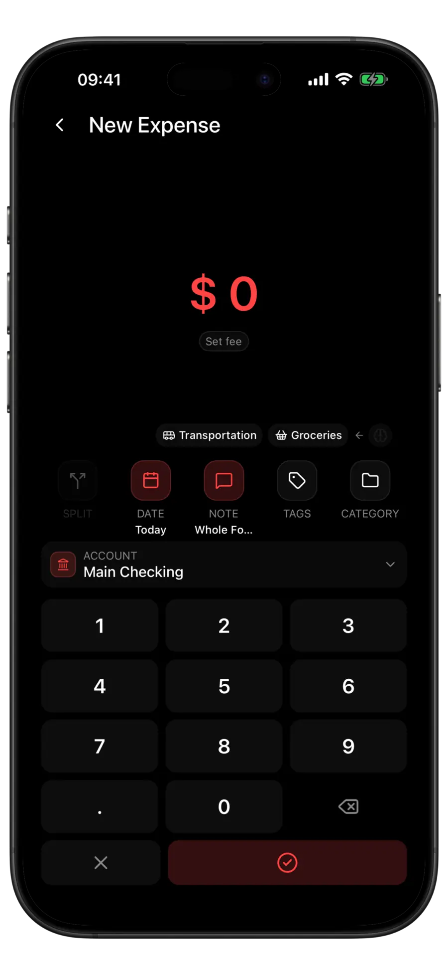 Budgie new expense screen suggesting Transportation and Groceries categories above the amount keypad