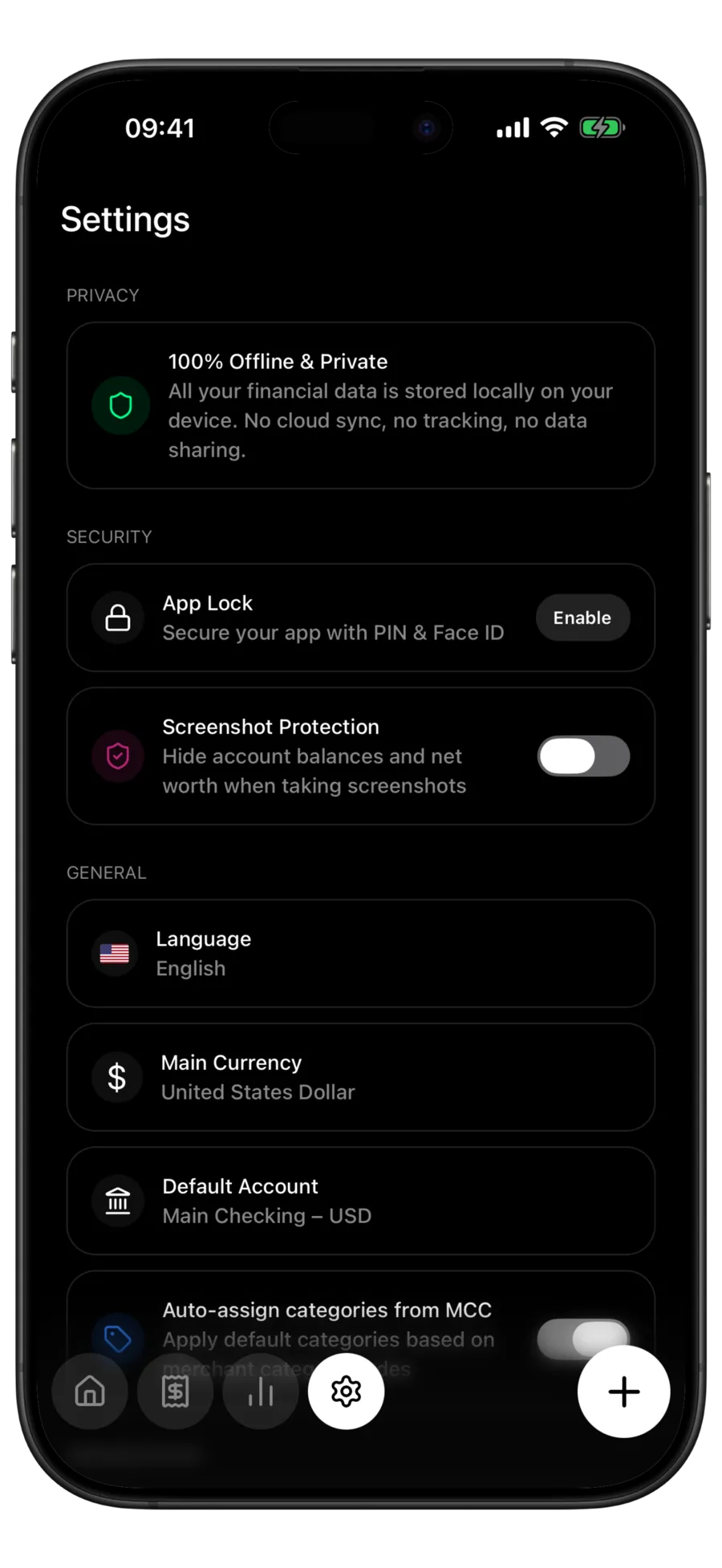 Budgie settings screen with the offline-and-private notice above the automatic MCC category assignment toggle