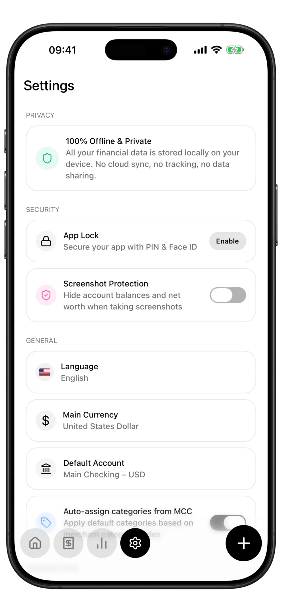 Budgie settings screen with the offline-and-private notice above the automatic MCC category assignment toggle