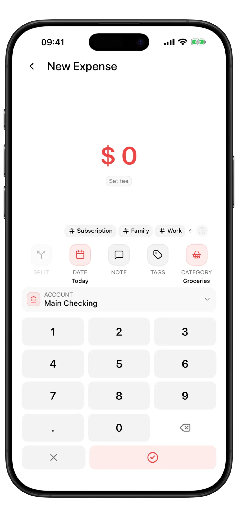 Budgie new expense screen with the Groceries category selected and three suggested tag pills above the actions