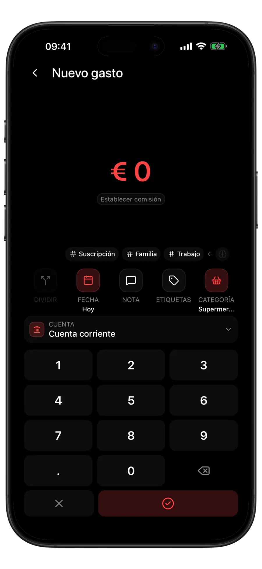 Pantalla de nuevo gasto de Budgie con la categoría Supermercado seleccionada y tres etiquetas sugeridas sobre las acciones