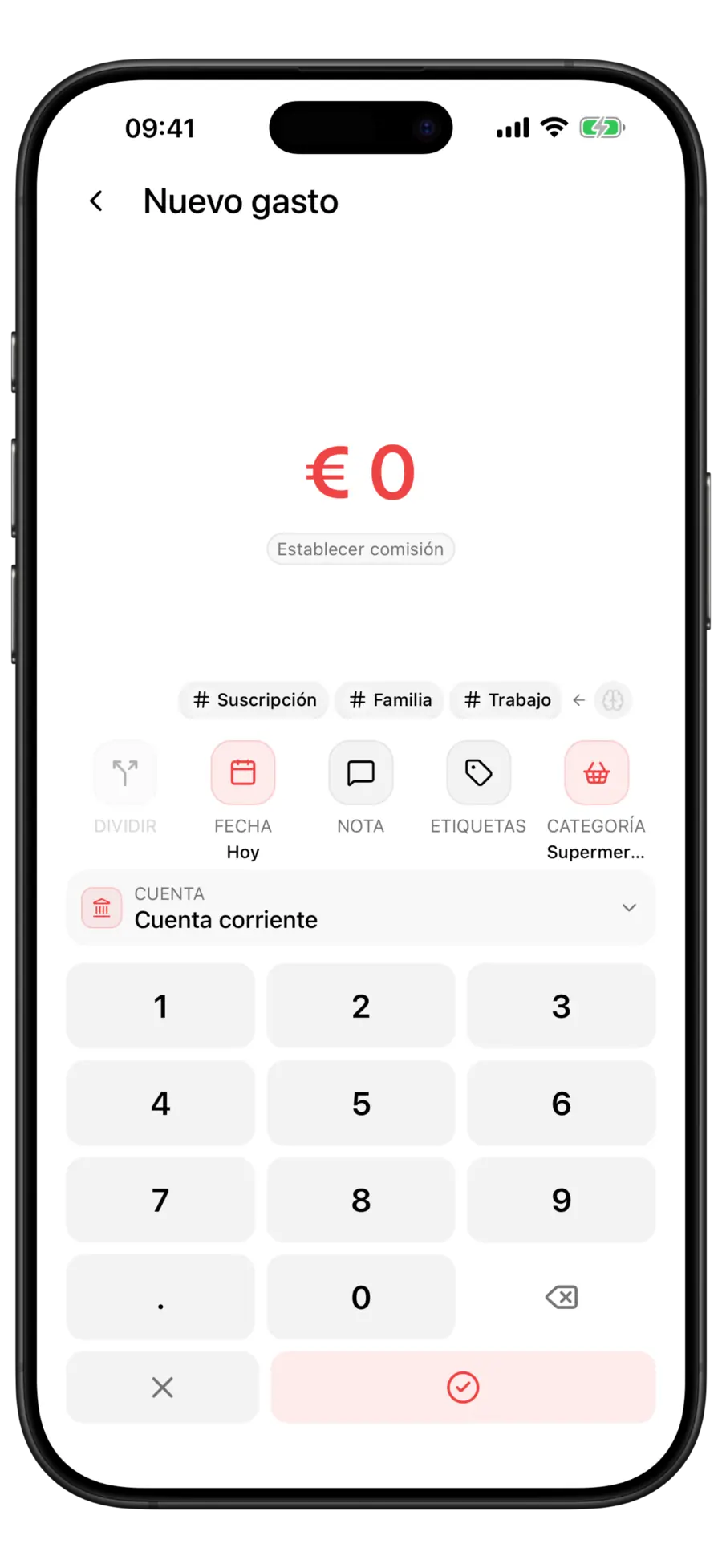 Pantalla de nuevo gasto de Budgie con la categoría Supermercado seleccionada y tres etiquetas sugeridas sobre las acciones