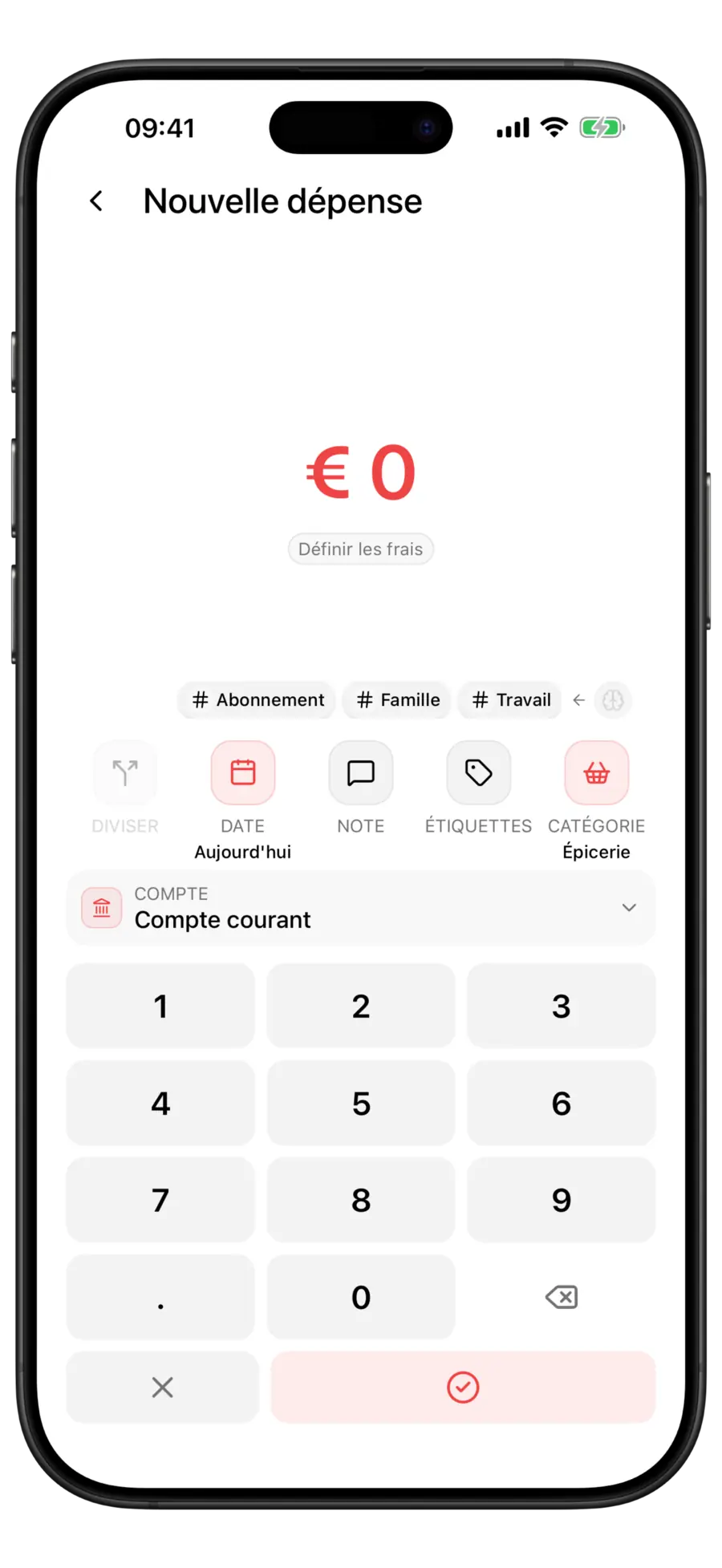 Écran de nouvelle dépense Budgie avec la catégorie Courses sélectionnée et trois étiquettes suggérées au-dessus des actions
