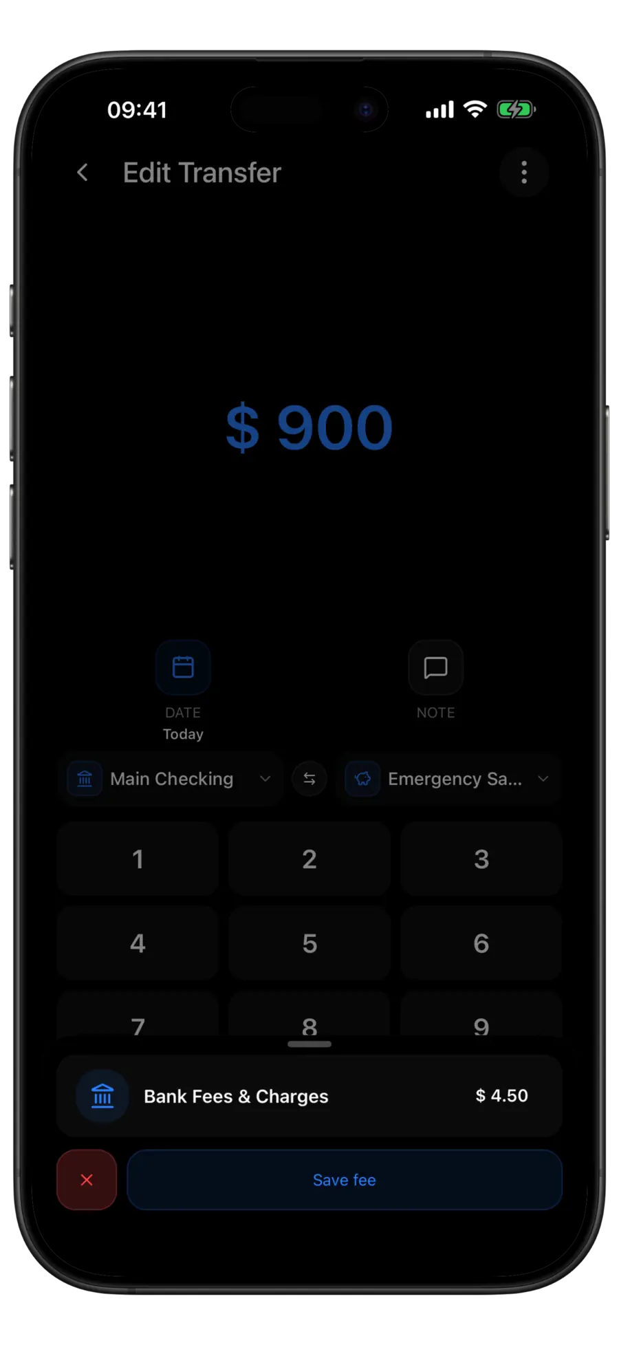 Budgie Edit Transfer screen for a $900 transfer from Main Checking to Emergency Savings with a Bank Fees & Charges fee sheet showing $4.50 and a Save fee button