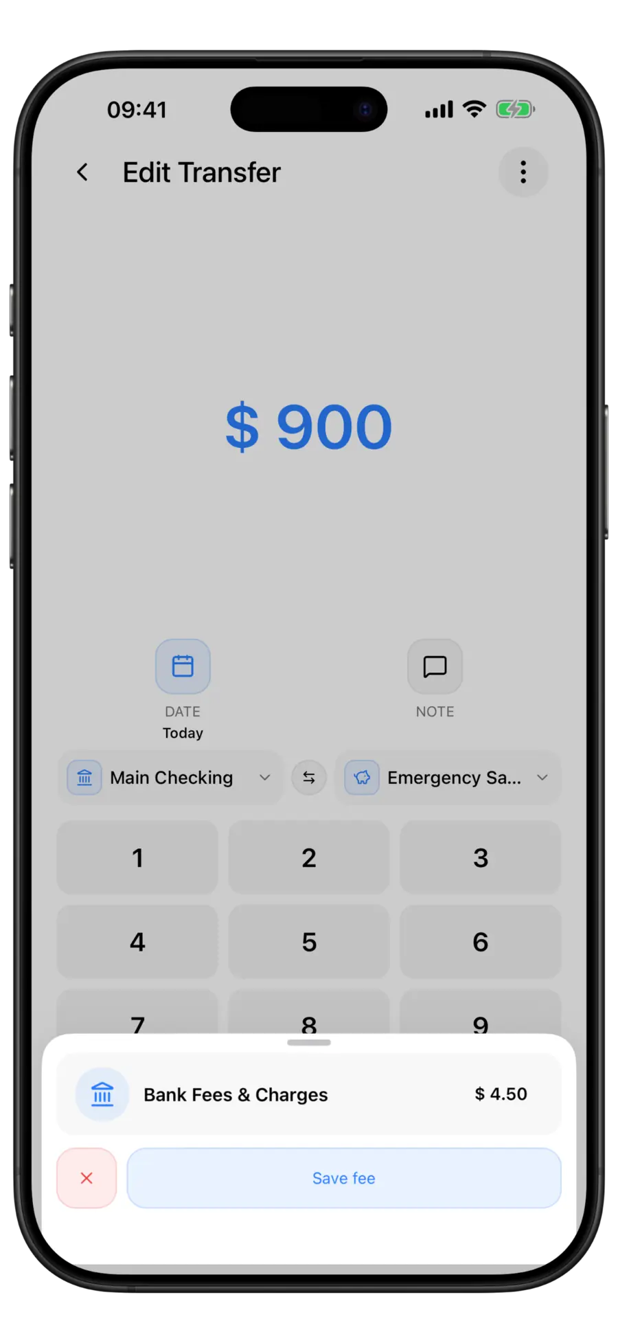 Budgie Edit Transfer screen for a $900 transfer from Main Checking to Emergency Savings with a Bank Fees & Charges fee sheet showing $4.50 and a Save fee button