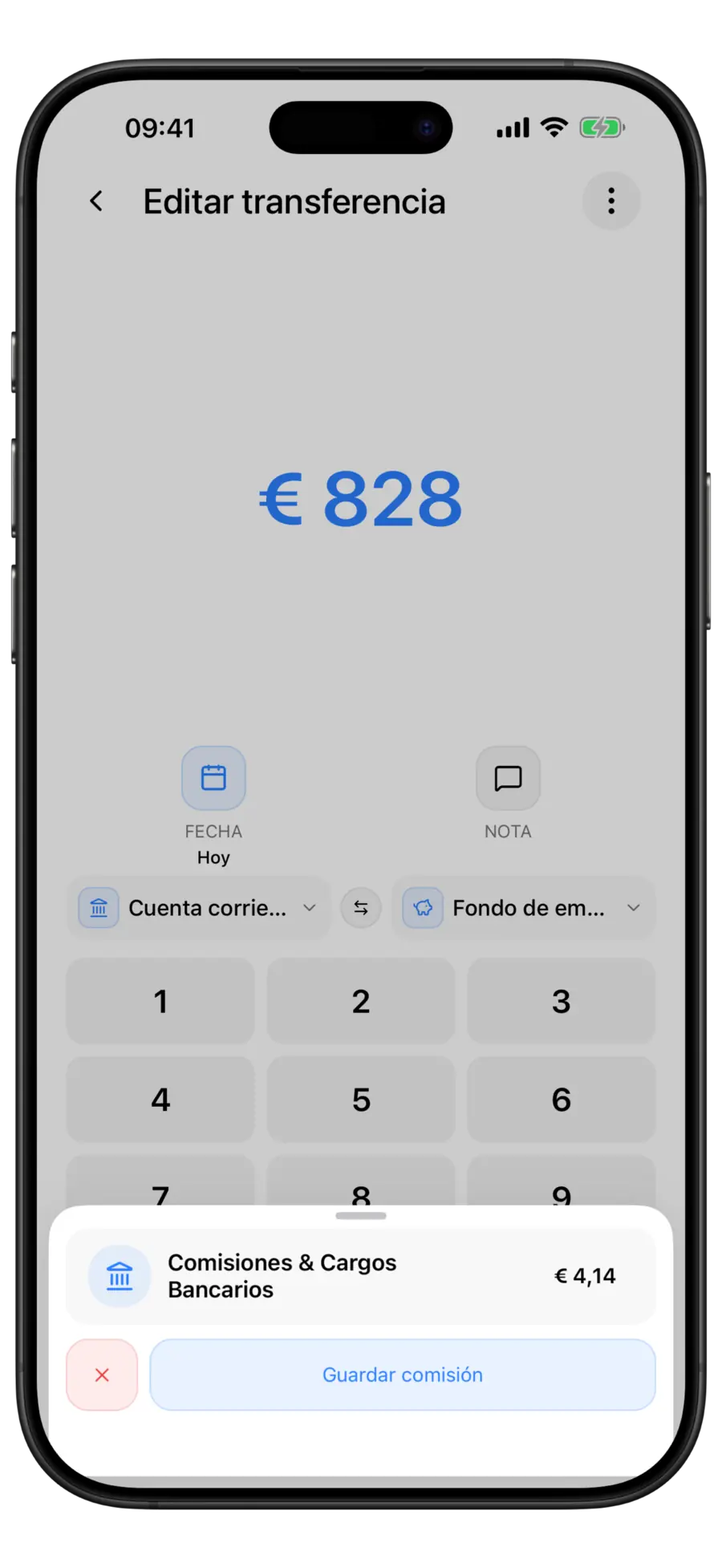 Pantalla Editar transferencia de Budgie para una transferencia de 900 $ de Main Checking a Emergency Savings con una hoja de comisión «Comisiones & Cargos Bancarios» de 4,50 $ y un botón Guardar comisión