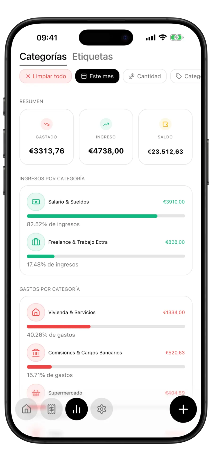 Lista de gastos por categoría de Budgie con «Vivienda & Servicios» primero y «Comisiones & Cargos Bancarios» segundo con 565,75 $