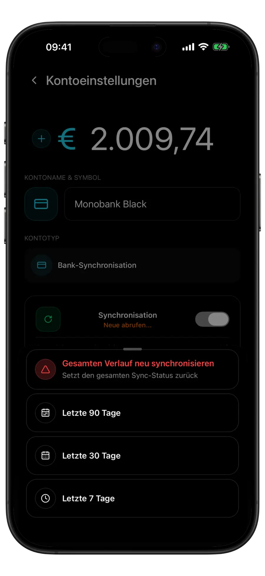 Budgie-Bildschirm Kontoeinstellungen für eine Monobank-Karte mit geöffnetem Neusynchronisierungs-Menü: gesamter Verlauf, 90, 30 und 7 Tage