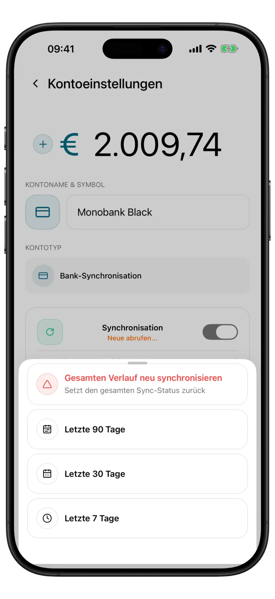 Budgie-Bildschirm Kontoeinstellungen für eine Monobank-Karte mit geöffnetem Neusynchronisierungs-Menü: gesamter Verlauf, 90, 30 und 7 Tage