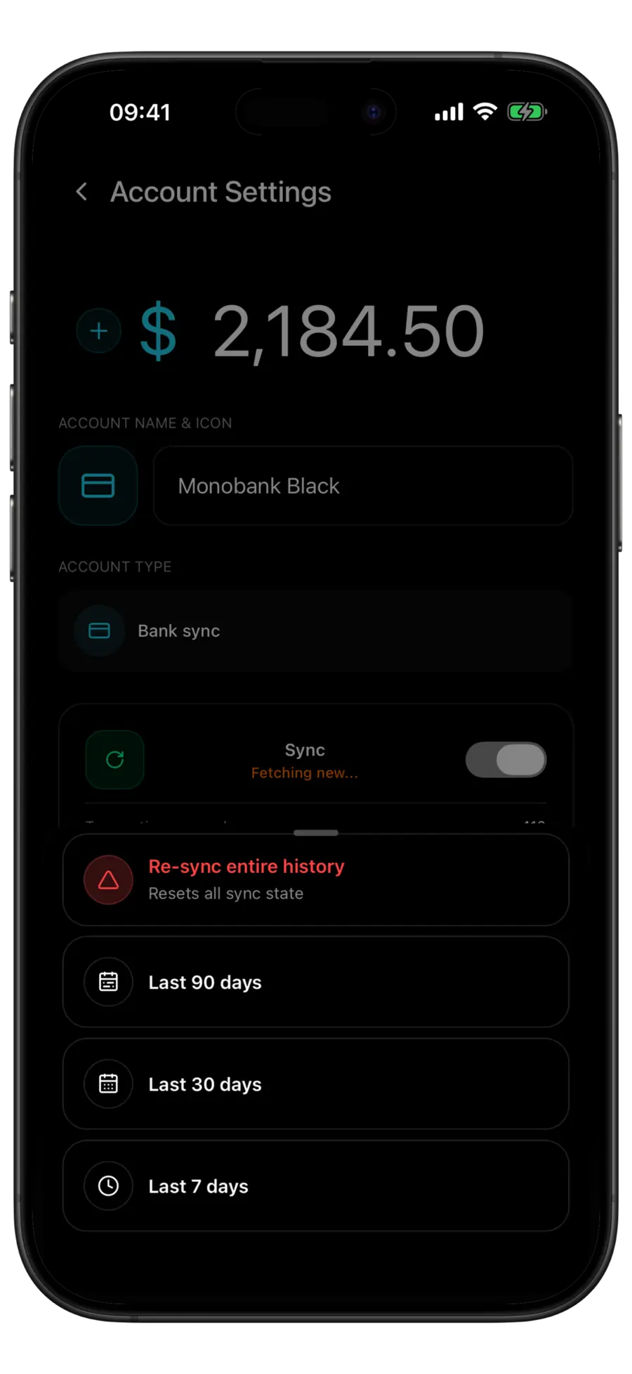 Budgie Account Settings screen for a Monobank card with the re-sync sheet open on entire history, 90, 30 and 7 days