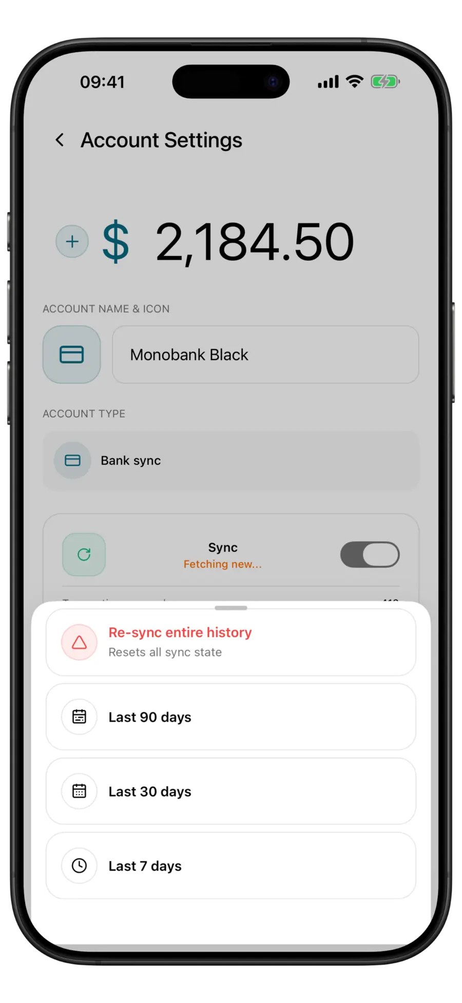 Budgie Account Settings screen for a Monobank card with the re-sync sheet open on entire history, 90, 30 and 7 days