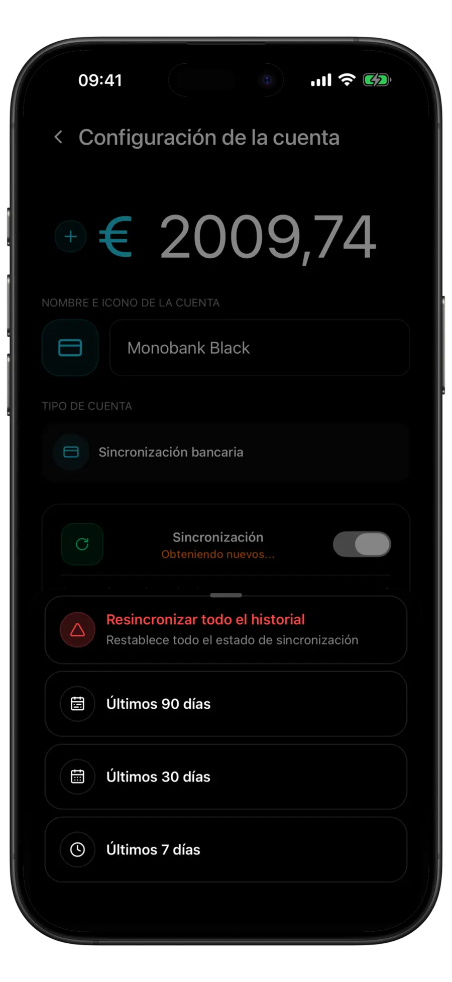 Pantalla Configuración de la cuenta de Budgie para una tarjeta Monobank con el menú de resincronización abierto: todo el historial, 90, 30 y 7 días