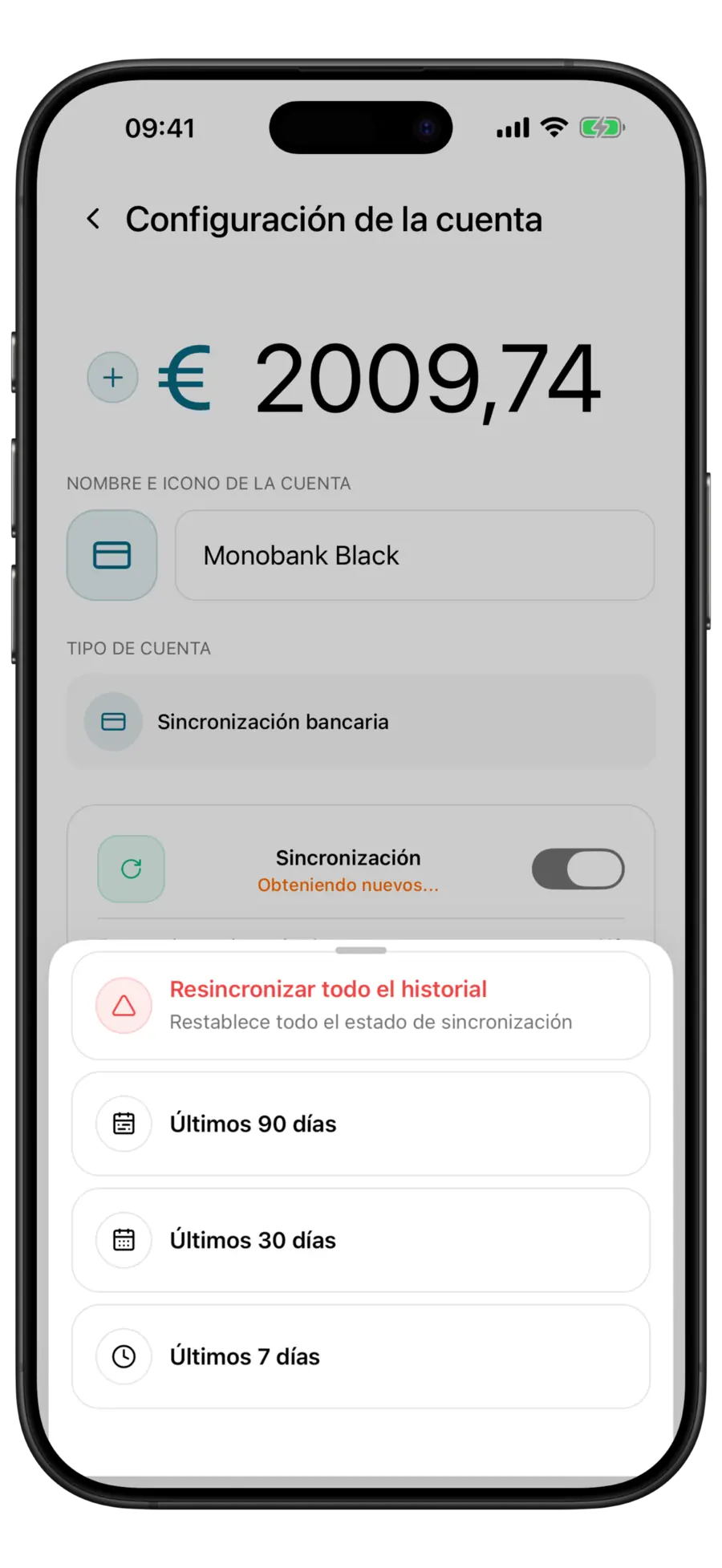 Pantalla Configuración de la cuenta de Budgie para una tarjeta Monobank con el menú de resincronización abierto: todo el historial, 90, 30 y 7 días