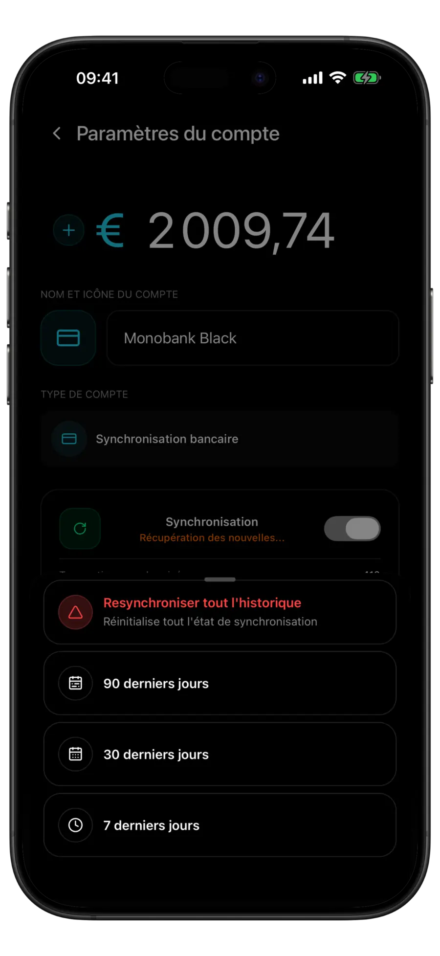 Écran Paramètres du compte de Budgie pour une carte Monobank, avec le menu de resynchronisation ouvert : tout l’historique, 90, 30 et 7 jours