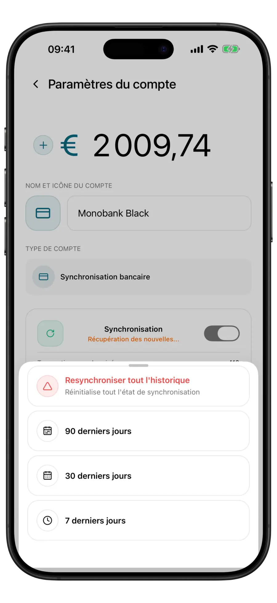 Écran Paramètres du compte de Budgie pour une carte Monobank, avec le menu de resynchronisation ouvert : tout l’historique, 90, 30 et 7 jours