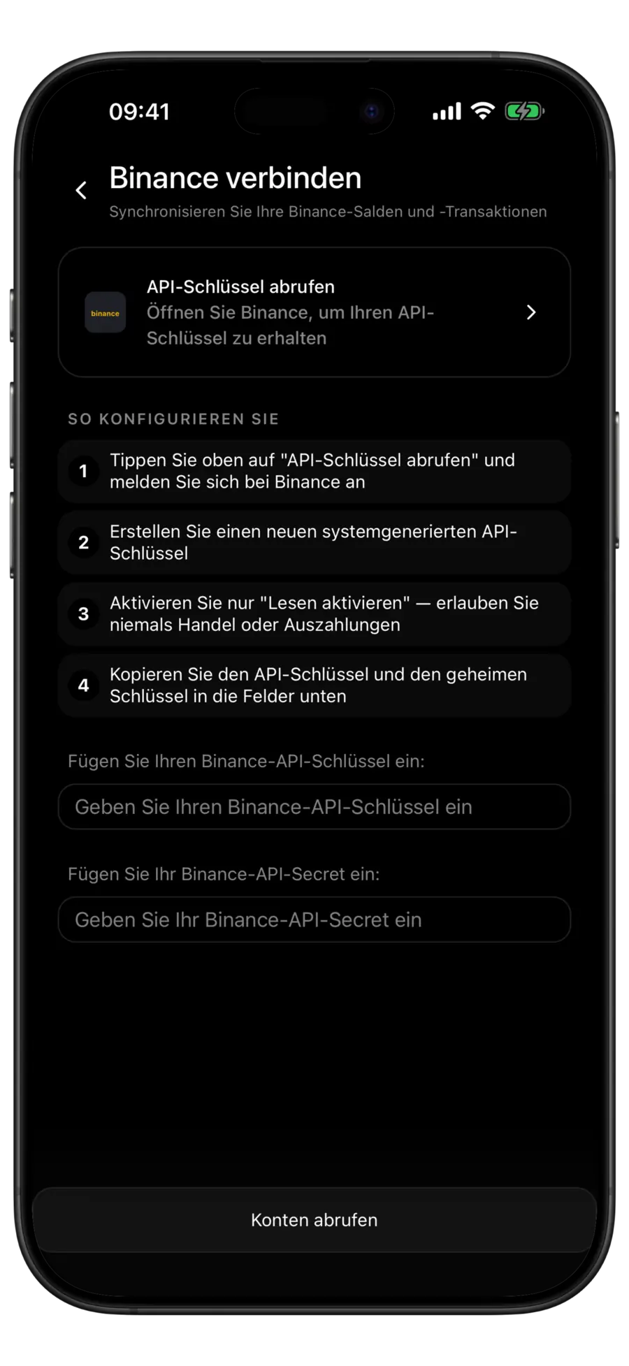 Budgie-Bildschirm "Binance verbinden" mit der Zeile "API-Schlüssel abrufen", vier nummerierten Einrichtungsschritten und leeren Feldern für API-Schlüssel und Secret