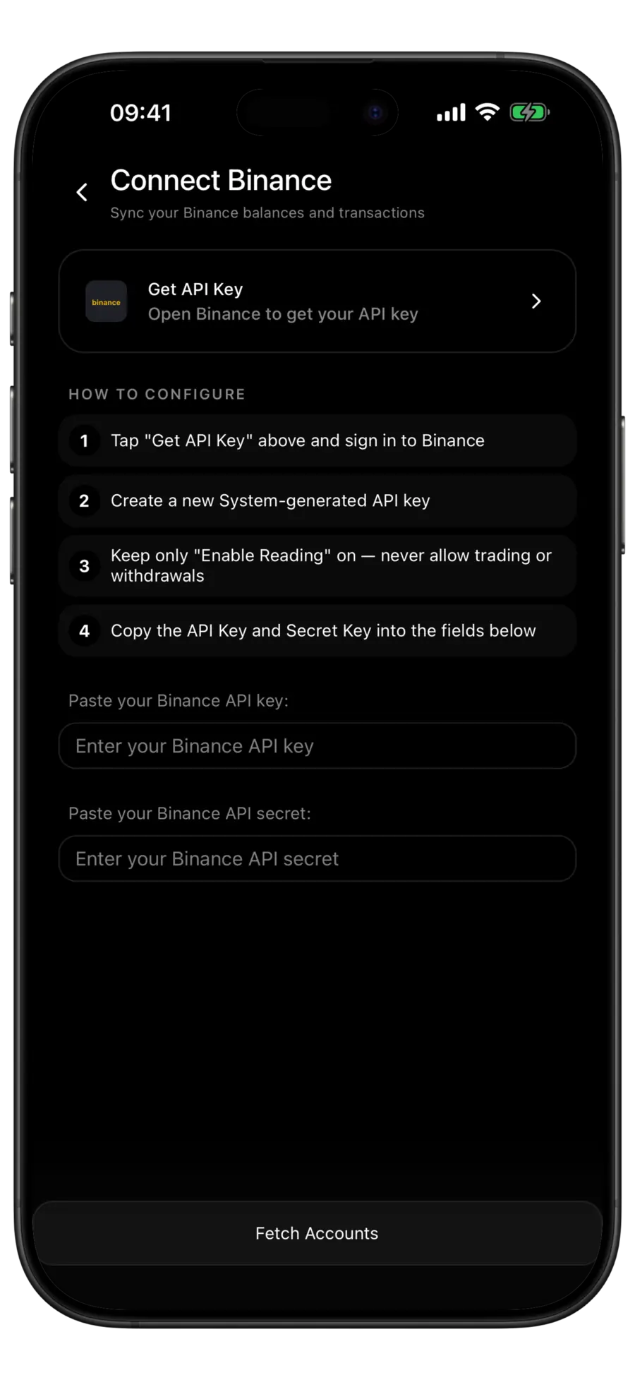Budgie Connect Binance screen with a Get API Key row, four numbered setup instructions and empty API key and secret fields
