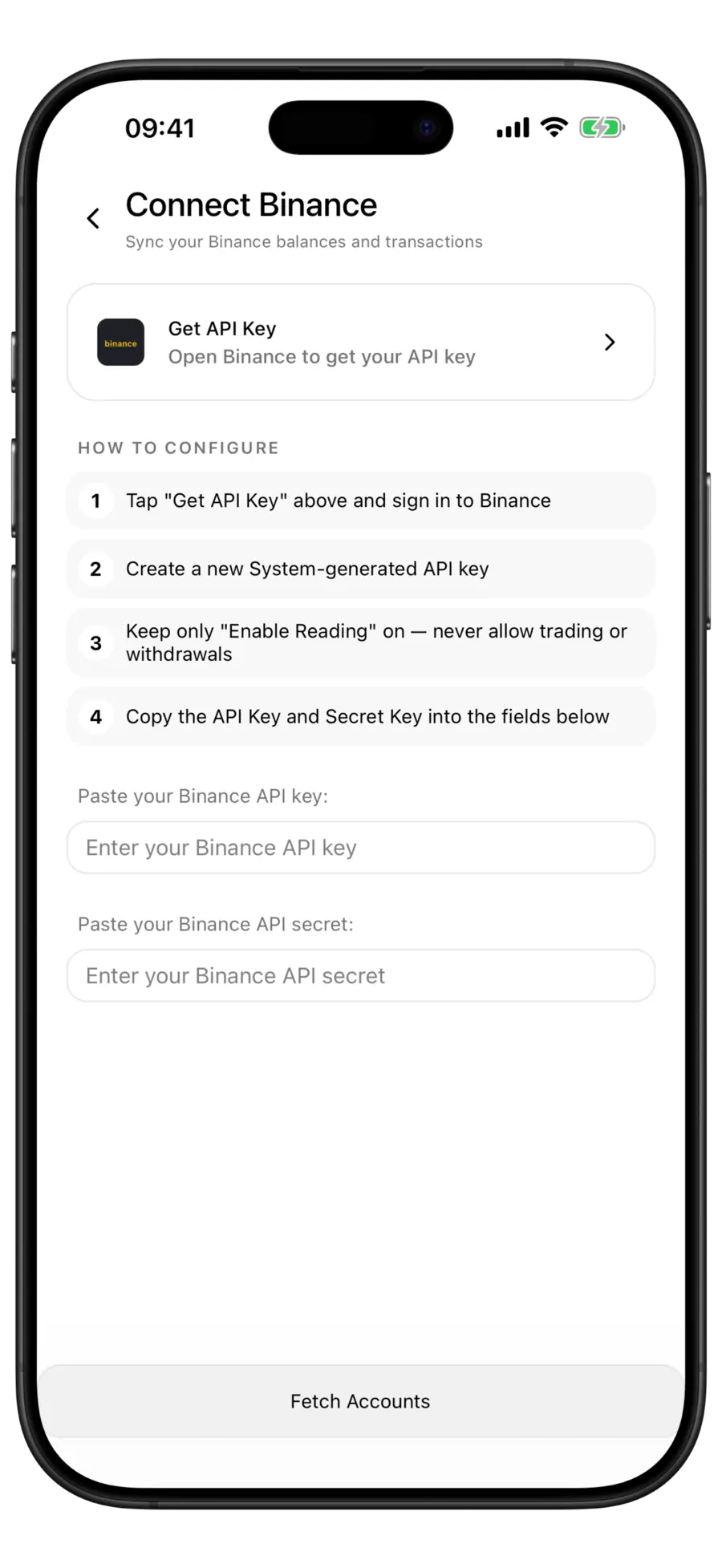 Budgie Connect Binance screen with a Get API Key row, four numbered setup instructions and empty API key and secret fields