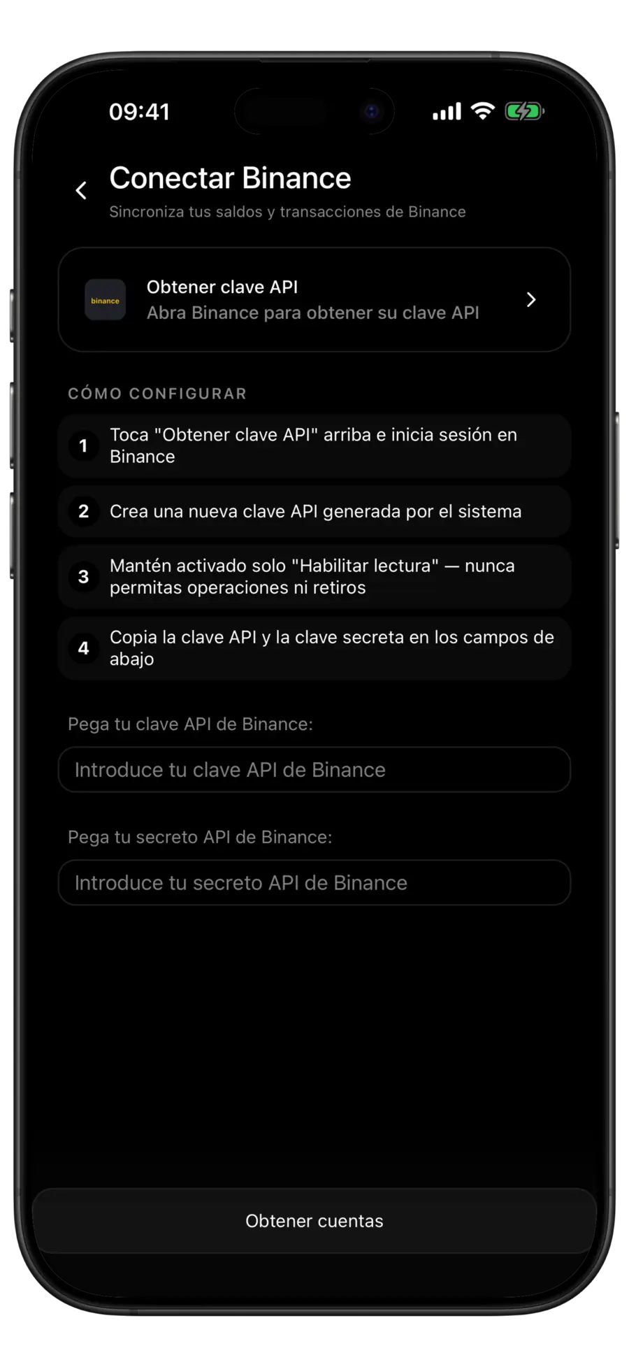 Pantalla "Conectar Binance" de Budgie con la fila "Obtener clave API", cuatro instrucciones de configuración numeradas y los campos de clave y secreto vacíos