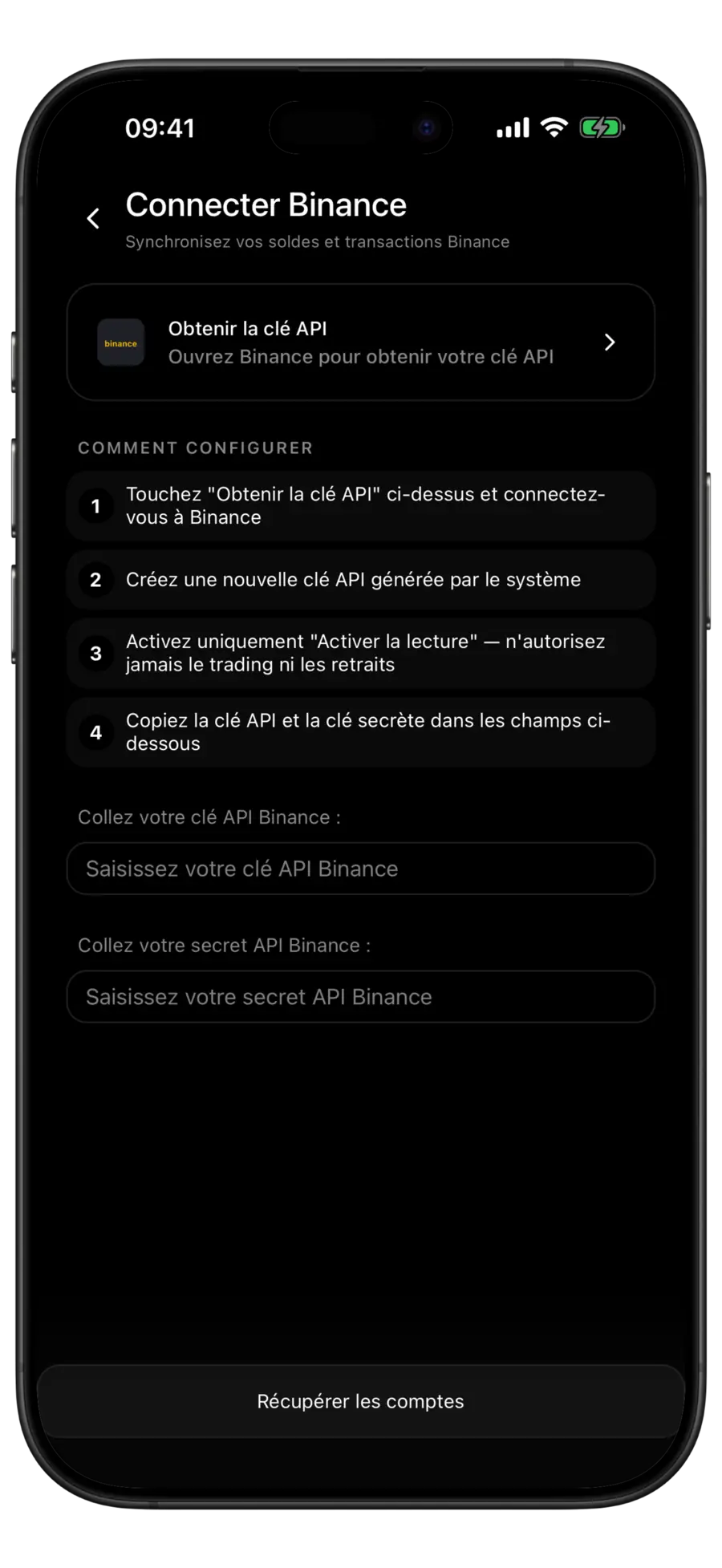 Écran "Connecter Binance" de Budgie avec la ligne "Obtenir la clé API", quatre instructions de configuration numérotées et les champs clé et secret vides
