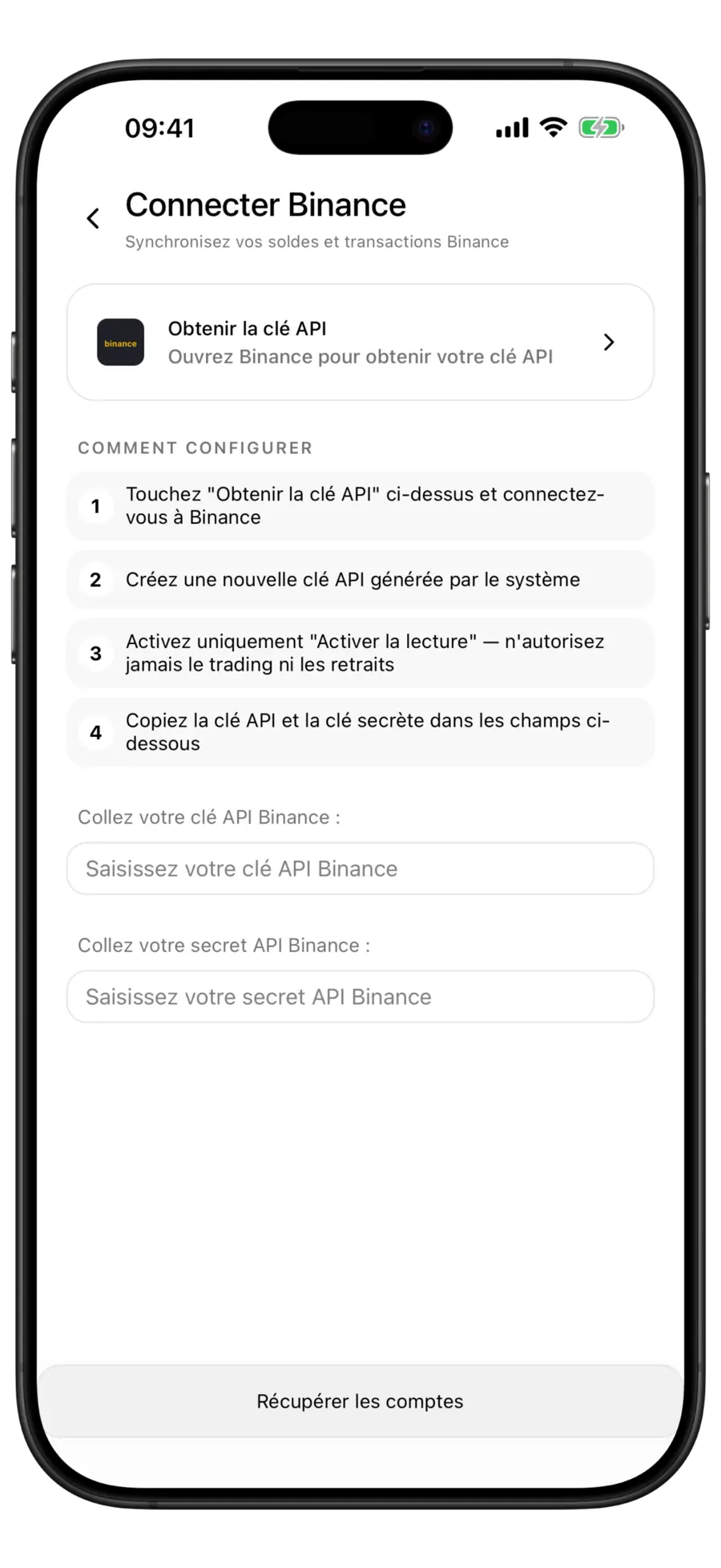 Écran "Connecter Binance" de Budgie avec la ligne "Obtenir la clé API", quatre instructions de configuration numérotées et les champs clé et secret vides
