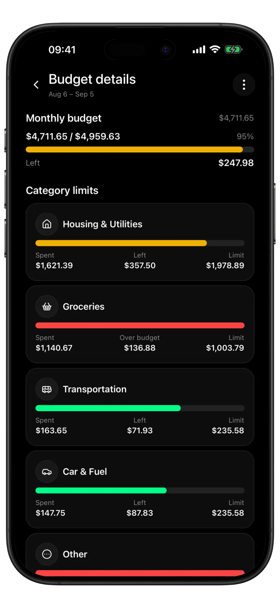 Budgie budget details screen with a monthly budget bar and per-category limits