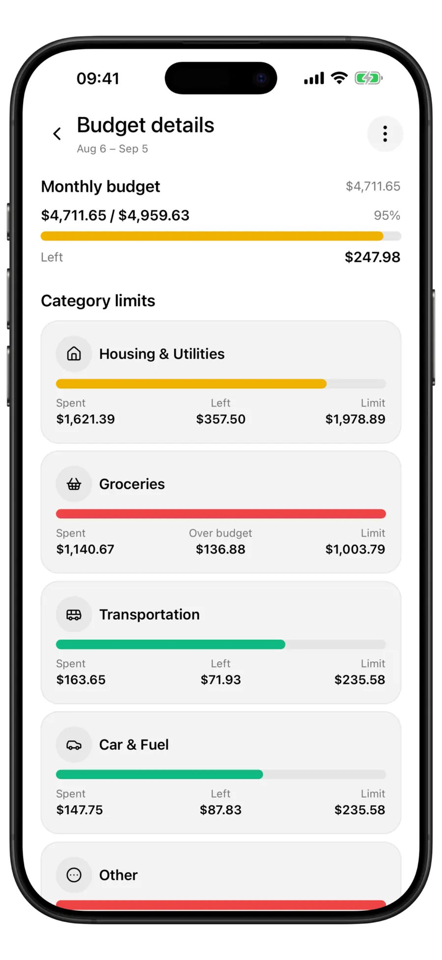 Budgie budget details screen with a monthly budget bar and per-category limits
