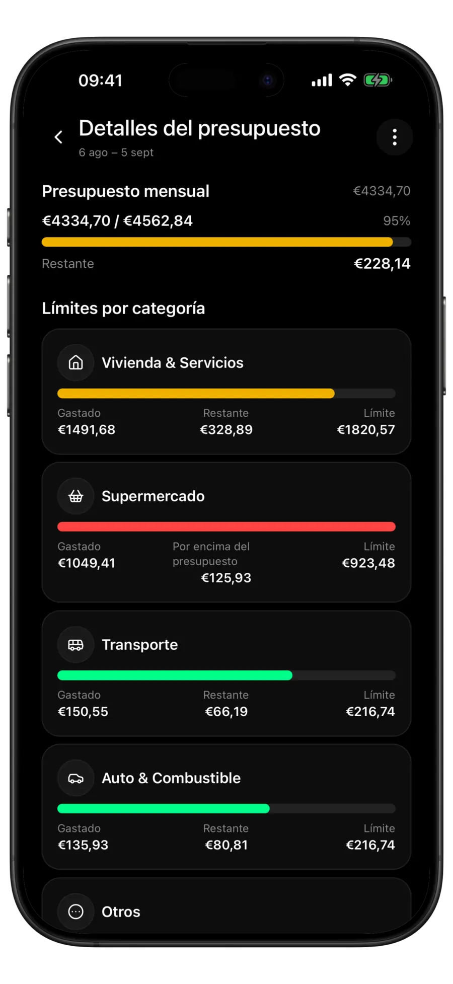 Pantalla de detalle del presupuesto de Budgie con el 95 % del presupuesto mensual gastado y el resto debajo, sobre las tarjetas de límite Vivienda & Servicios, Supermercado por encima del presupuesto, Transporte y Auto & Combustible