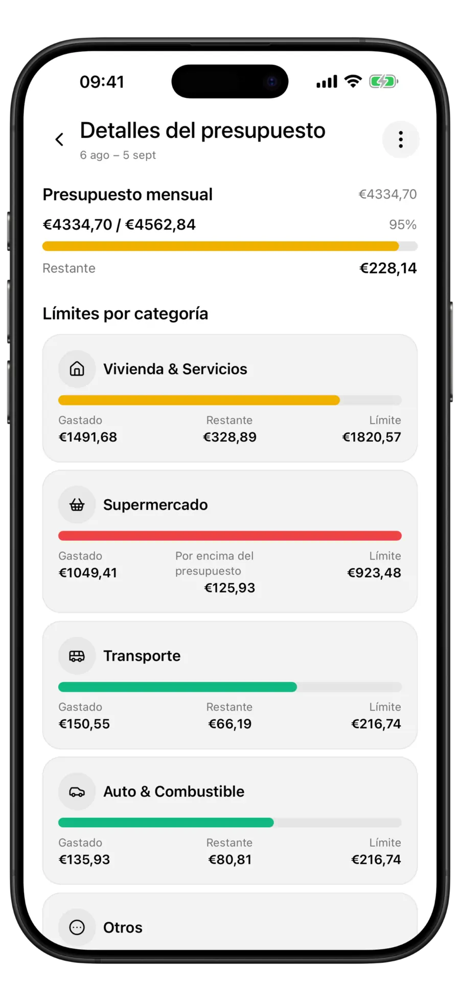 Pantalla de detalle del presupuesto de Budgie con el 95 % del presupuesto mensual gastado y el resto debajo, sobre las tarjetas de límite Vivienda & Servicios, Supermercado por encima del presupuesto, Transporte y Auto & Combustible
