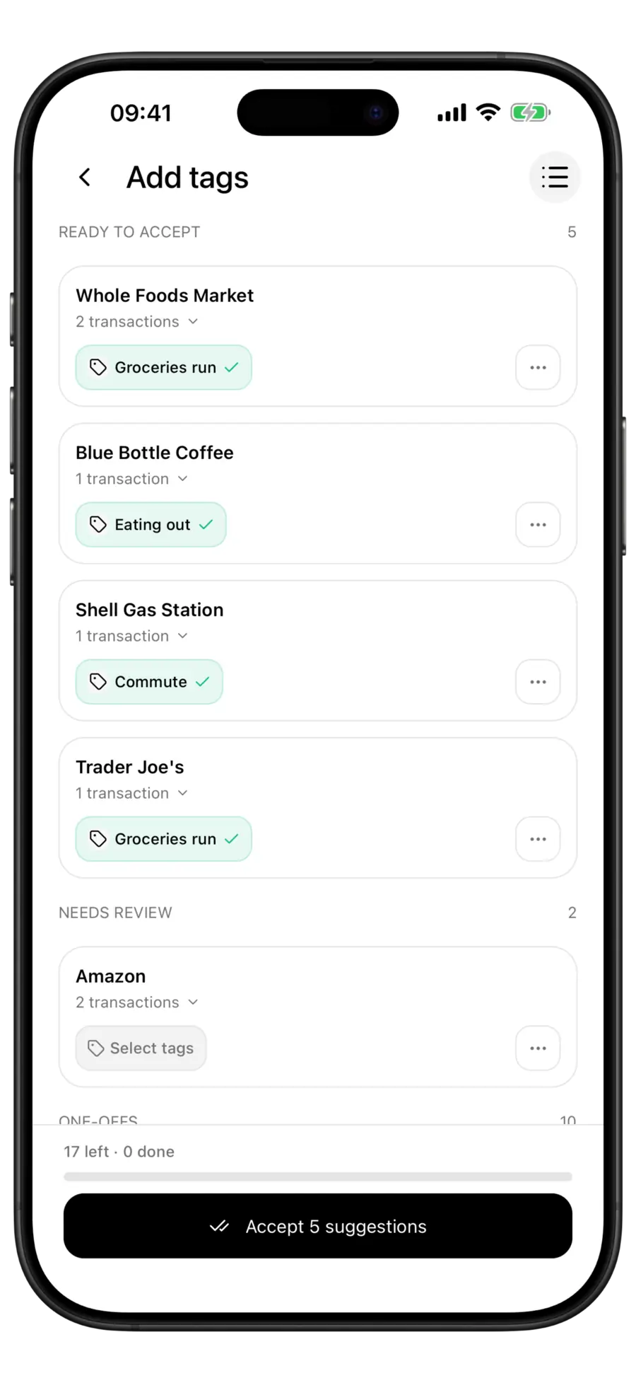 Budgie tag inbox screen listing merchant groups, each with a suggested tag chip
